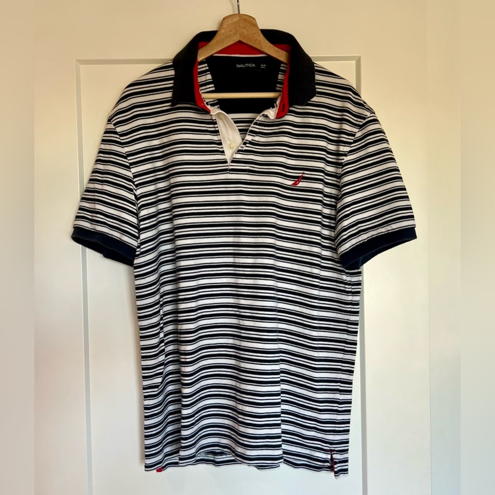 Nautica Men's Polo Shirt - Navy and White Stripes